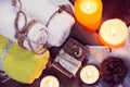 SPA consist from towels, candles, soap, flowers, and fir cone Royalty Free Stock Photo