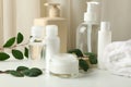 Spa cosmetic products and leaves on white table Royalty Free Stock Photo