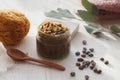 Spa cosmetic products, milk soap, handmade sugar coffee scrub with coconut oil in glass jar