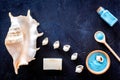 Spa cosmetic set with sea salt for bath and shell on dark blue background top view mockup Royalty Free Stock Photo
