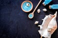 Spa cosmetic set with sea salt for bath and shell on dark blue background top view mockup Royalty Free Stock Photo