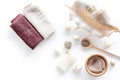 Spa cosmetic set with sea salt for bath and shell on white background top view Royalty Free Stock Photo
