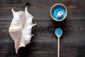Spa cosmetic set with sea salt for bath and shell on wooden background top view Royalty Free Stock Photo