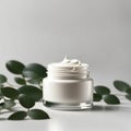 Spa cosmetics with body. Natural moisturising cream jar on green leaves as beauty flatlay