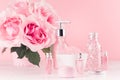 Spa cosmetics products, roses in pastel pink and silver color - cream, bath salt, essential oil, soap, bottle, bowl, towel. Royalty Free Stock Photo