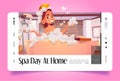 Spa day at home cartoon landing page, girl washing