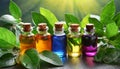 Spa Eco Background with Colorful Glasses Bottles of Essential Oils in the garden Royalty Free Stock Photo