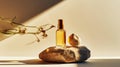 SPA essential oil on aesthetic background with stones and flowers. Natural cosmetics skin care concept. Generative AI