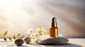 SPA essential oil on aesthetic background with stones and flowers. Natural cosmetics skin care concept. Generative AI