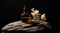 SPA essential oil on aesthetic dark background with stones and flowers. Skin care concept. Generative AI