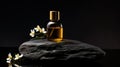 SPA essential oil on aesthetic dark background with stones and flowers. Skin care concept. Generative AI