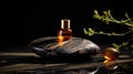 SPA essential oil on aesthetic dark background with stones and flowers. Skin care concept. Generative AI