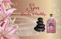 Spa essential oil bottle, plumeria flowers and zen stones, lily