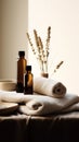 Spa essentials with amber bottles and a cozy towel, wheat stalks, for natural wellness atmosphere