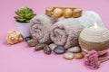 Spa essentials, aroma sticks stones, towels and a plant on a pink background Keywords language: English