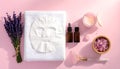 Spa essentials flat lay with soft pink background, top view background Royalty Free Stock Photo
