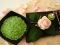 Spa essentials (green salt, and pink rose with candle) Royalty Free Stock Photo