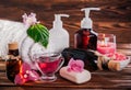 Spa essentials including natural oils, salt, soap and candle. Organic cosmetics concept