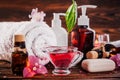 Spa essentials including natural oils, salt, soap and candle. Organic cosmetics concept Royalty Free Stock Photo