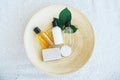 Spa essentials including natural oils, salt, soap. Organic cosmetics concept Royalty Free Stock Photo