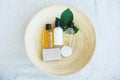 Spa essentials including natural oils, salt, soap. Organic cosmetics concept Royalty Free Stock Photo