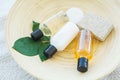 Spa essentials including natural oils, salt, soap. Organic cosmetics concept