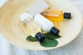 Spa essentials including natural oils, salt, soap. Organic cosmetics concept Royalty Free Stock Photo
