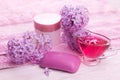 Spa essentials with lilac Royalty Free Stock Photo