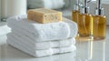 Spa essentials toiletries, soap, towel on soft bathroom spa background for a relaxing atmosphere