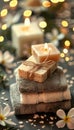 Spa essentials toiletries, soap, and towel on soft white bathroom background for relaxation Royalty Free Stock Photo