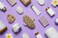 Spa essentials on violet background, flat lay Royalty Free Stock Photo