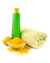 Spa essentials in yellow and green color Royalty Free Stock Photo