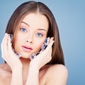 Spa Face. Healthy Woman with Clear Skin and Ice Cubes. Skincare Royalty Free Stock Photo