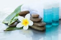 Spa flowers, bottles, leaves. towel and stones Royalty Free Stock Photo