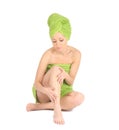 Spa Girl. Beautiful Young Woman After Bath with green towel. isolated on white Royalty Free Stock Photo