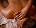 Spa, hand and back massage with woman on bed for luxury pampering, stress relief or treatment from above. Skincare