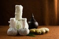 Spa herbal compressing ball with herbs and casket Royalty Free Stock Photo