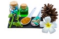 Spa herbal white frangipani flowers, turmeric powder in white spoon ,pill,Cissus Quadrangularis Linn,pine,Aloe vera essential oil