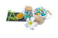 Spa herbal white frangipani flowers, turmeric powder in white spoon ,pill,Cissus Quadrangularis Linn on white background.Saved