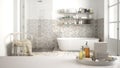 Spa, hotel bathroom concept. White table top or shelf with bathing accessories, toiletries, over blurred vintage classic bathroom, Royalty Free Stock Photo