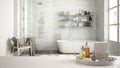 Spa, hotel bathroom concept. White table top or shelf with bathing accessories, toiletries, over blurred vintage classic bathroom, Royalty Free Stock Photo