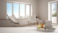 Spa, hotel concept. White table top or shelf with bathing accessories, toiletries, over blurred minimalist rest room with armchair