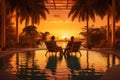 romantic sunset back couple vacation travel pool swimming honeymoon relax. Generative AI. Royalty Free Stock Photo