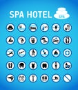 Spa hotel rules and sighns on blue with desihn in circles. Set of icons and symbol for swimmingpool.