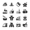 Spa icon set. Included the icons as candle, aromatic, massage, relax, products, salt, hot stone and more. Royalty Free Stock Photo