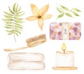 Spa illustration set. Bath accessories. A bar of soap, Candle and towel clip art, body dry brush, tropical flowers and leaves