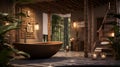 A spa-inspired bathroom with a free-standing tub, bamboo accessories.