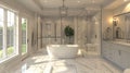 Spa-inspired 3D bathroom showcasing freestanding tub, walk-in shower, and double vanity for a serene and luxurious