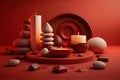 Spa items, massage, relaxation and relaxation. Stones, oils and candles on a red background Royalty Free Stock Photo