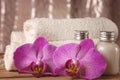Spa kit with lotions for skin, orchid flowers and white towels Royalty Free Stock Photo